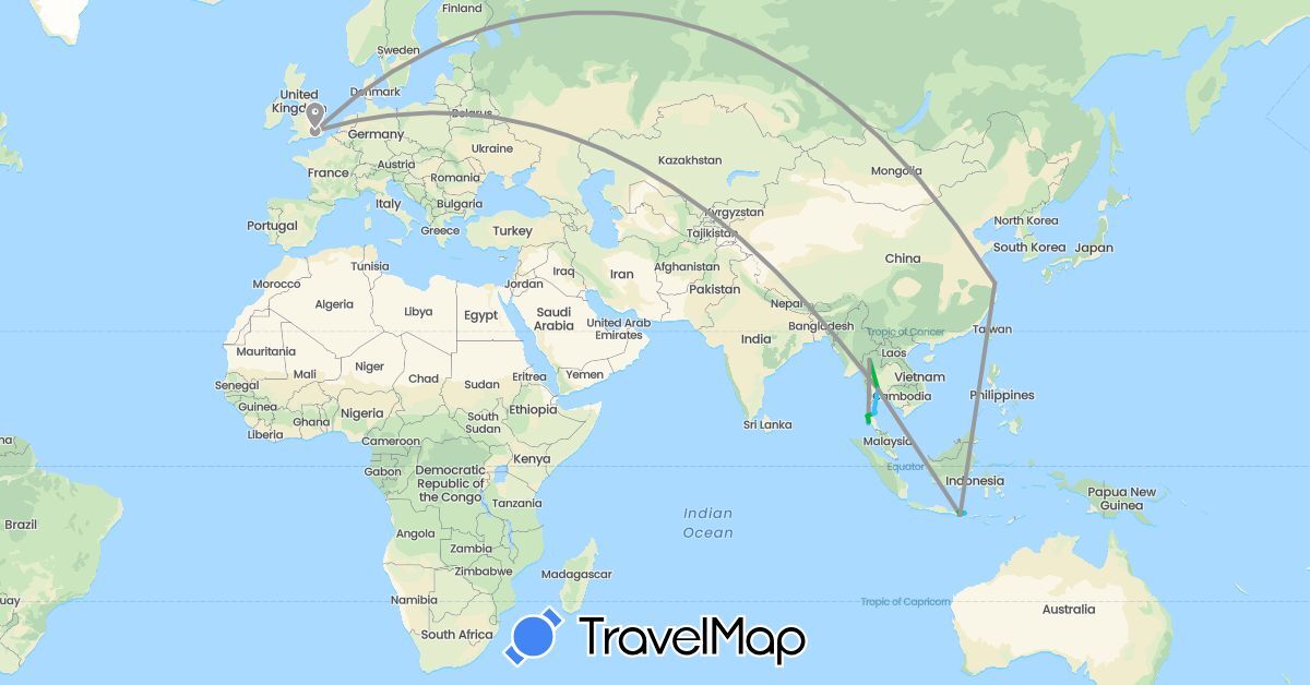 TravelMap itinerary: driving, bus, plane, boat in China, United Kingdom, Indonesia, Thailand (Asia, Europe)